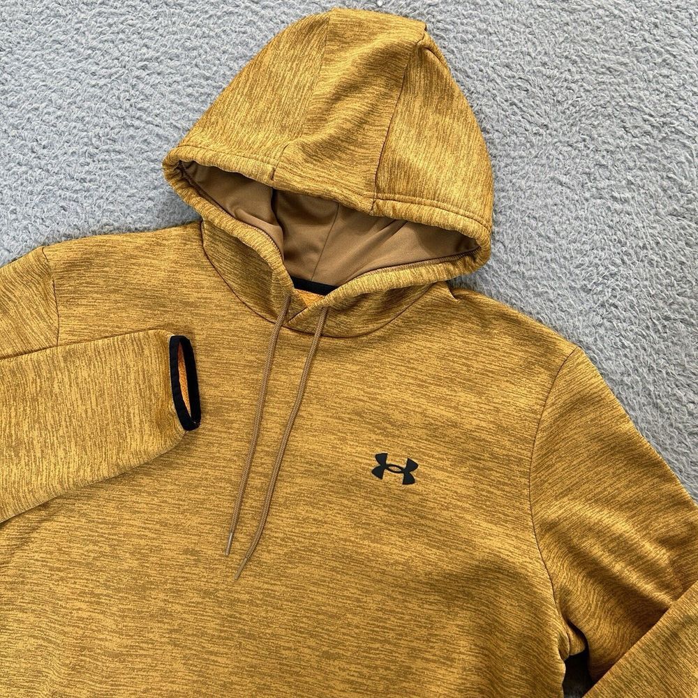 Under Armour Hoodie Mens Medium Mustard Yellow Loose Fit Fleece Twist Pullover